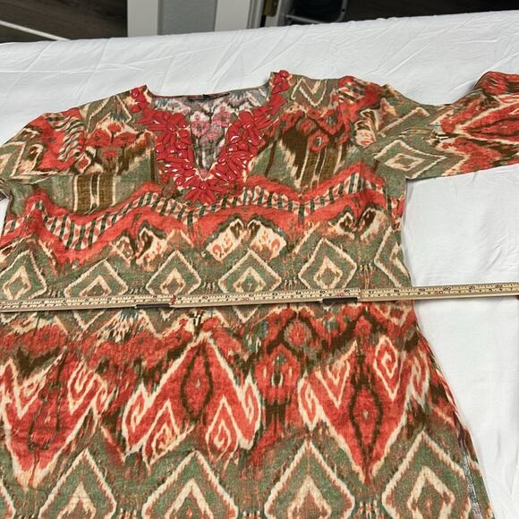 JONES NEW YORK Size Medium 100% Linen Embellished Yoke Tunic Ikat Loden Artsy - Picture 5 of 10
